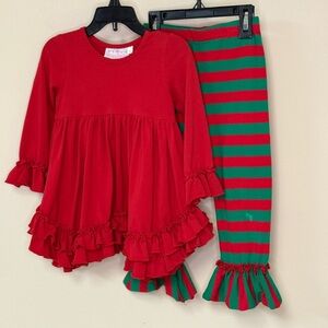 NWT Serendipity: Girls Red/Green Ruffle Tunic Top & Stripe Bell Pant Set, Size 3